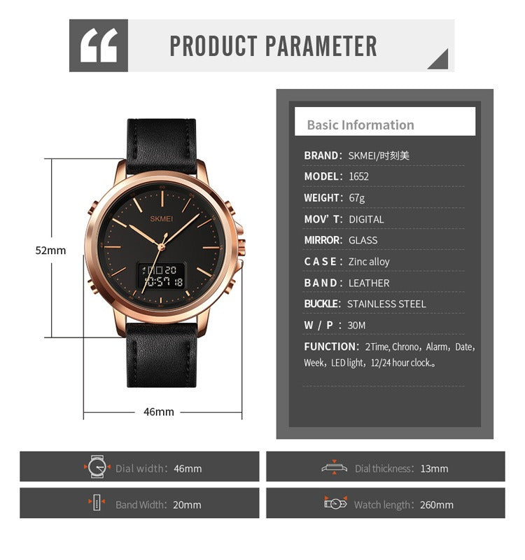 SKMEI Men's Fashion Digital Watch Analog Leather Multifunctional Waterproof Men's Watch 1652 &nbsp;Skemi Men Digital Analog Watch - Without Box