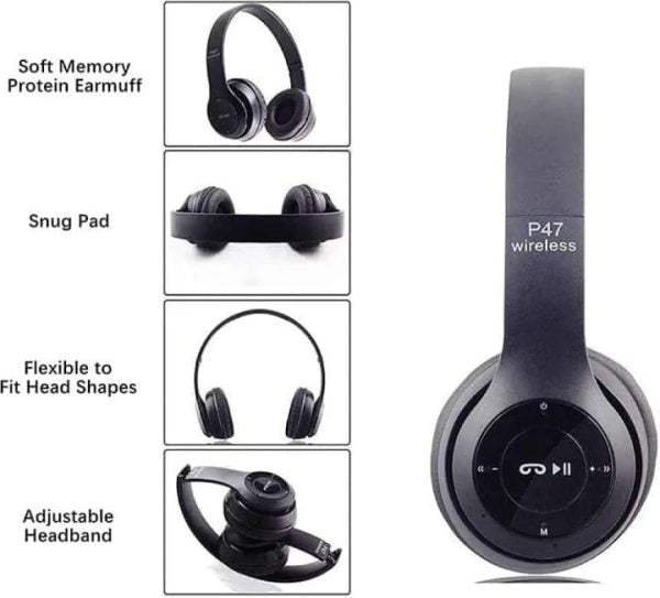 P47 Bluetooth Wireless Headphones – Foldable, FM Radio, SD Card Support